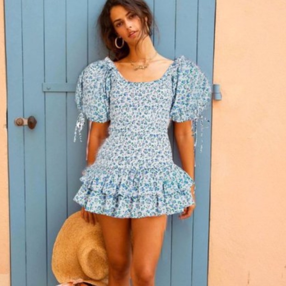 NWT LoveShackFancy Violet Smocked Floral Cotton Dress in Blue Jay